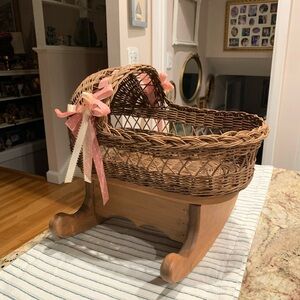 Vintage Wicker Baby Doll Bassinet with Pink Accents